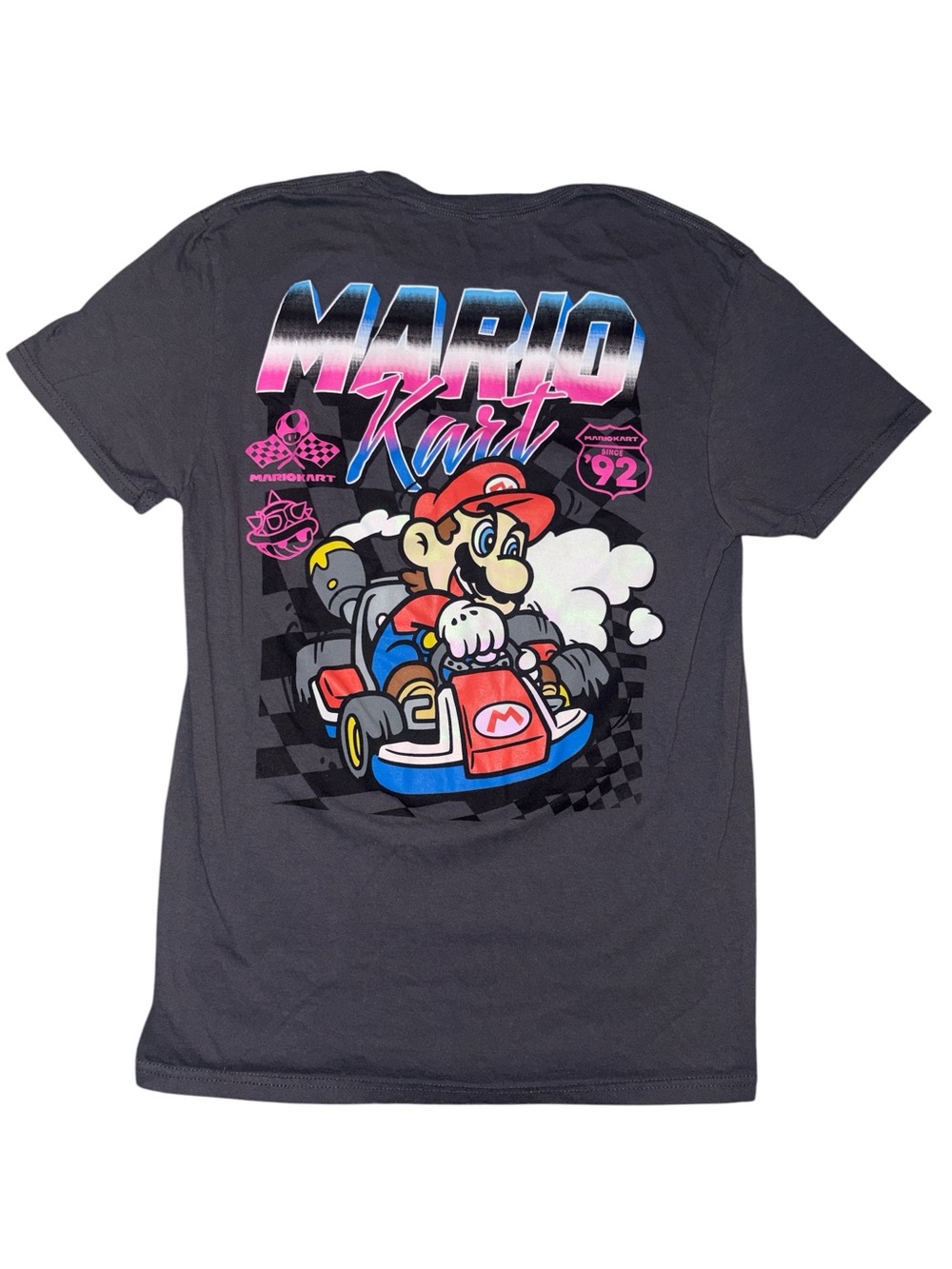 Nintendo Dark Gray Short Sleeve Tee with Pink & Blue Mario Kart Emblem